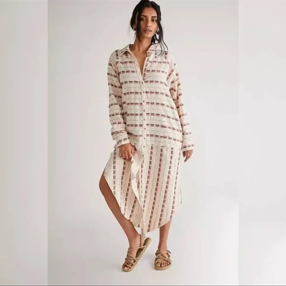 Free People Rainbow Shores Maxi Duster cream-colored, button-down shirt dress